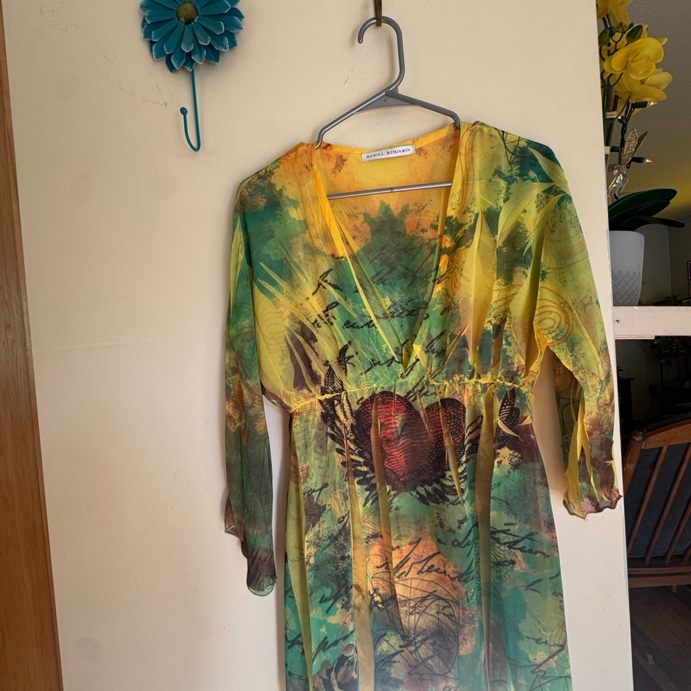 Sheer y2k V-Neck Dress with Heart Motif - Yellow Green